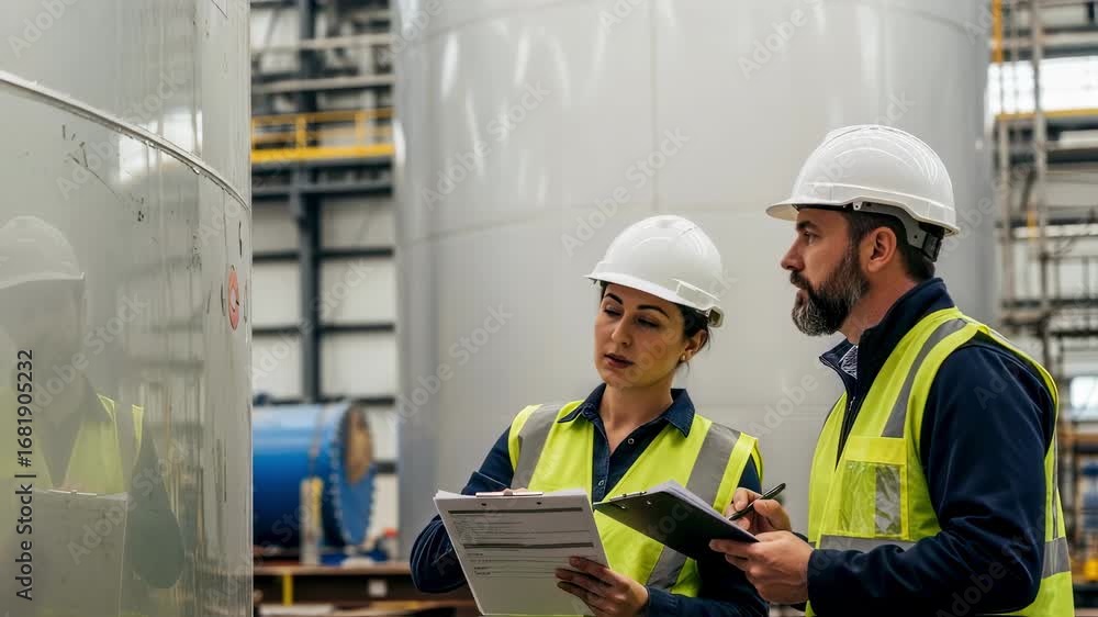 Poster engineers inspecting the structural integrity of a newly constructed lng tank with clipboards at a c