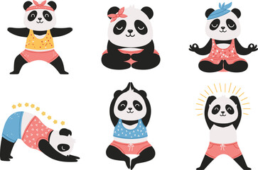 cartoon yoga pandas, cute workout poses, meditation animals, kids fitness illustration, vector art, playful mindfulness characters