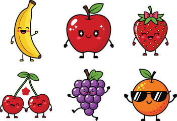 cartoon fruit characters, cute banana, apple, strawberry, cherries, grapes, orange, kids illustration, expressive faces, vector art