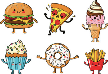 cartoon fast food characters, smiling hamburger, pizza slice, ice cream, cupcake, donut, fries, kids illustration, vector art