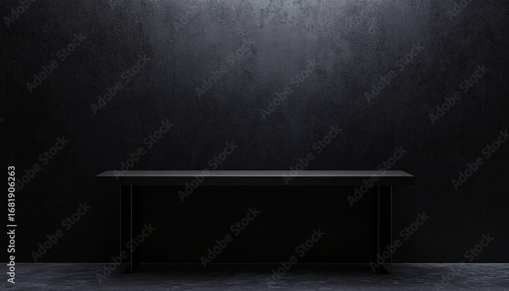 Poster a simple black table with a rectangular top and thin legs stands in front of a dark-colored textured