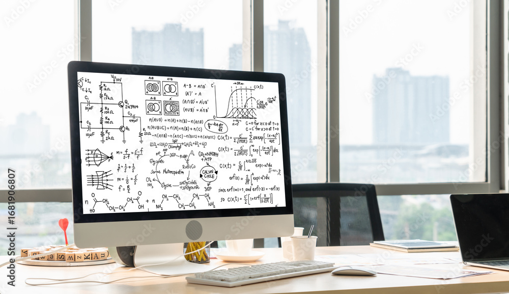 Poster mathematic equations and modish formula on computer screen showing concept of science and education