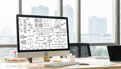 Mathematic equations and modish formula on computer screen showing concept of science and education