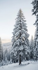 Obraz premium Majestic snow-covered pine trees in serene winter forest landscape