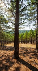 Tranquil pine forest in sunlight with carpet of needles and shadows