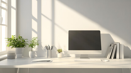 Fototapeta premium Stylish Modern Office Desk with Minimalist Decor, Natural Light, and Chic Accessories for Productivity