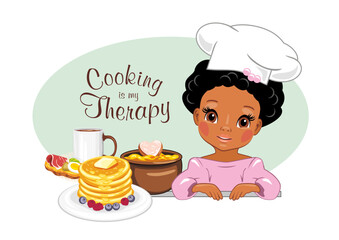 Cute dark skinned girl cook loves to bake pancakes and cook porridge