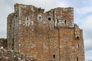 Large vertical crack in the outer wall of the 13th century keep at Brougham Castle