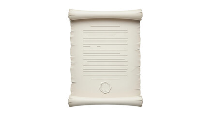 Isolated aged paper scroll with lines of text and a wax seal for antique message