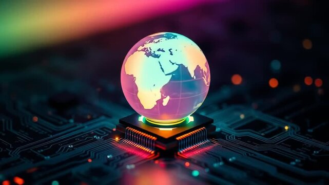 A globe resting on a computer chip with glowing circuit lines underneath. 4k video