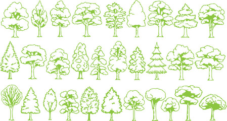 Collection of hand drawn green trees in a simple sketch style