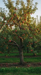 Fototapeta premium Apple tree laden with ripe red fruits in abundant orchard at sunset