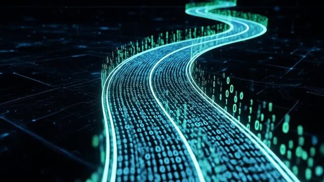 Dynamic digital highway of binary code streams forward into futuristic technology.