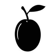 A simple black silhouette of a round fruit with a leaf