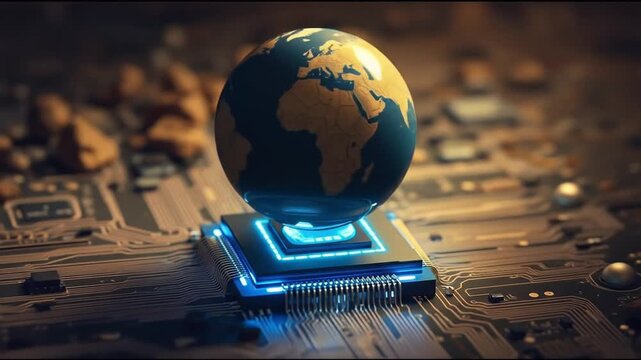 A globe resting on a computer chip with glowing circuit lines underneath. 4k video