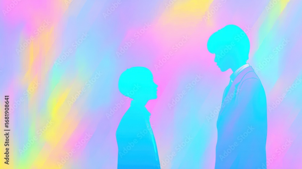 Aufkleber two figures standing against a colorful abstract background with vibrant hues showcasing a moment of