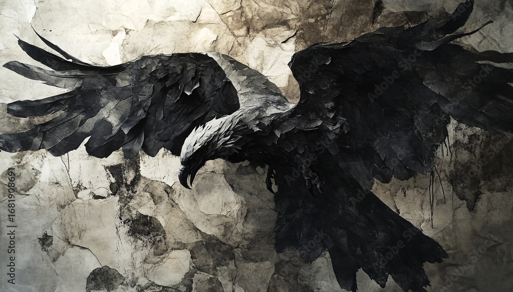 Poster a dark-colored bird with large wings is depicted in flight against a textured, light-colored backgro