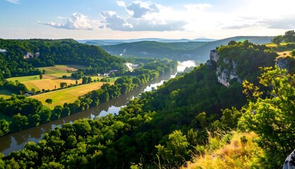 Panoramic view of a serene river valley, showcasing lush greenery, golden fields, and majestic cliffs under a bright, sunny sky.