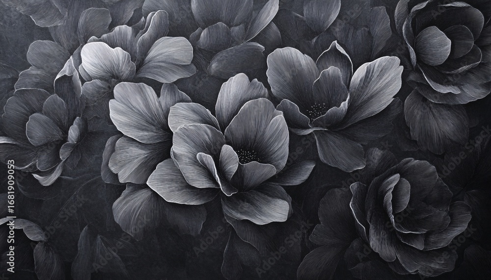 Poster the illustration shows a detailed close-up of several monochromatic flowers with visible lines and t