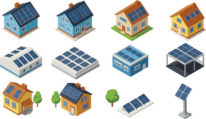 Isometric vector illustration of solar panel buildings and homes, renewable green energy, eco-friendly power, sustainable electricity generation, sunlight