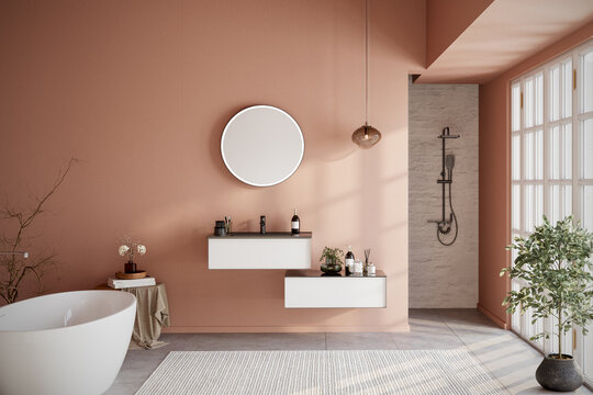 Modern minimalist bathroom interior with freestanding bathtub, vanity unit, round mirror, shower area, and natural sunlight. Japandi-inspired cozy design with warm terracotta walls, elegant 3D render