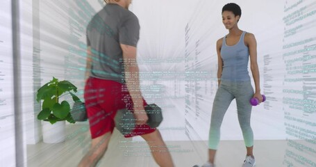 On start, workout partners lunging, lifting knees for fitness, activating digital code overlay - Powered by Adobe
