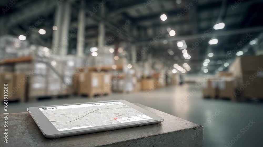 Poster Medium shot of a digital tablet displaying a route map the screen in sharp focus against a blurred warehouse backdrop depicting realtime logistics tracking for deposit returns.