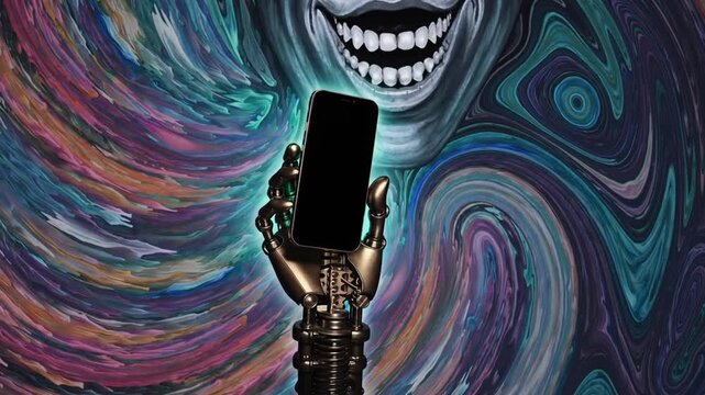 Combined assemblage wind-up toy hand grasp phone gadget faceless mouth smile cyberbully stereotype painted backdrop mental health