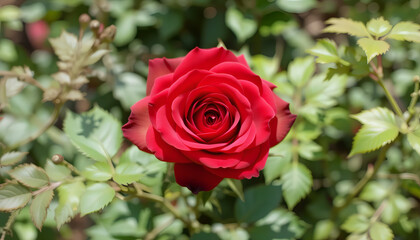 A vibrant red rose in full bloom, centered among lush green leaves. Sunlight highlights the rose's velvety petals, conveying a sense of natural beauty.