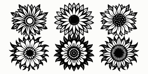Collection of six decorative sunflower silhouettes in black and white isolated on white background