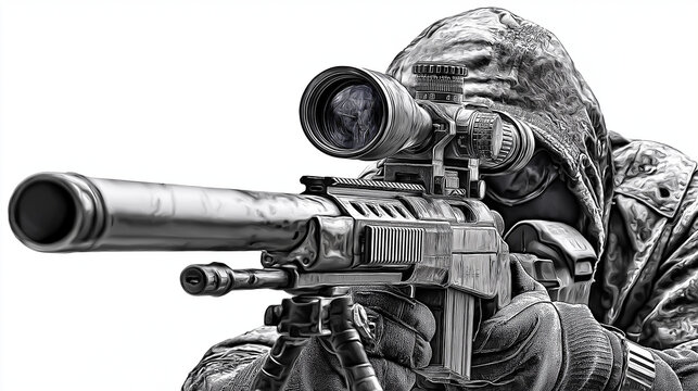 
A sniper isolated on a white background, aiming with precision through a scoped rifle, wearing tactical gear, ready for action.