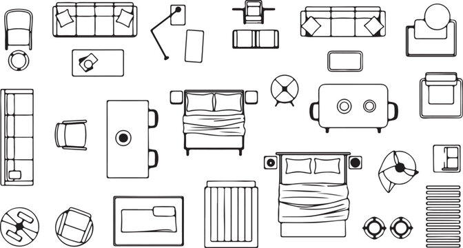 Collection of hand drawn furniture floor plan icons top view