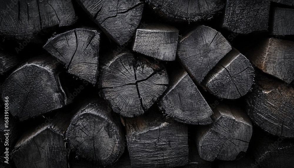 Poster the image shows many dark, charred logs stacked closely together, showcasing their cross-sections an