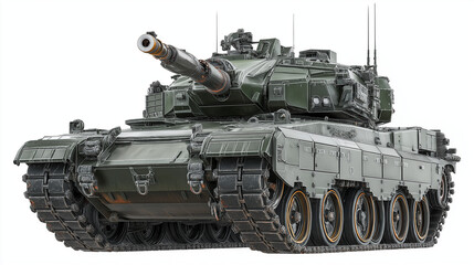 
A military tank isolated on a white background, showcasing armored body, heavy cannon, treads, and robust, powerful combat-ready design.