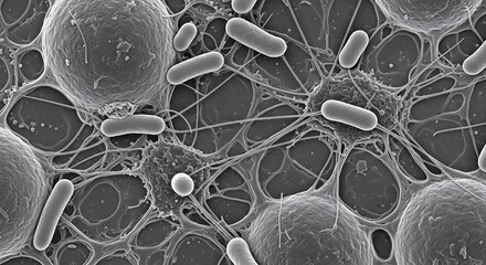 A detailed microscopic view of rod-shaped bacteria and spherical cells enmeshed within a fibrous extracellular biofilm network