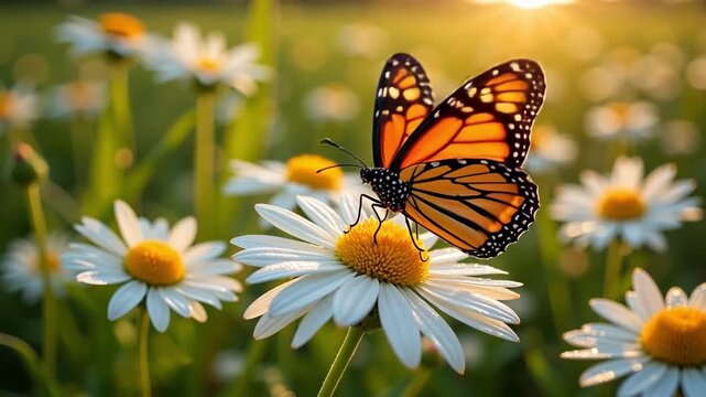 Monarch butterfly gracefully flutters, flapping wings above vibrant daisy in a sun-drenched meadow, capturing nature's beauty.