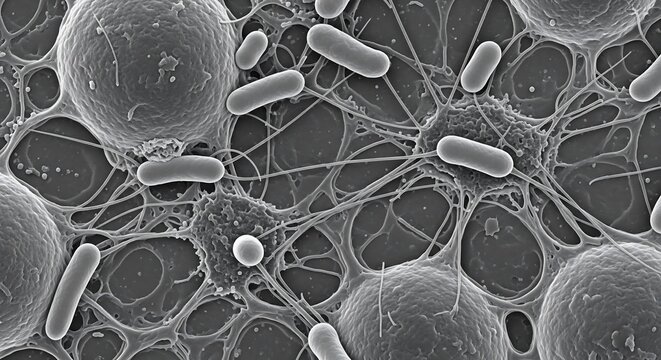 A detailed microscopic view of rod-shaped bacteria and spherical cells enmeshed within a fibrous extracellular biofilm network