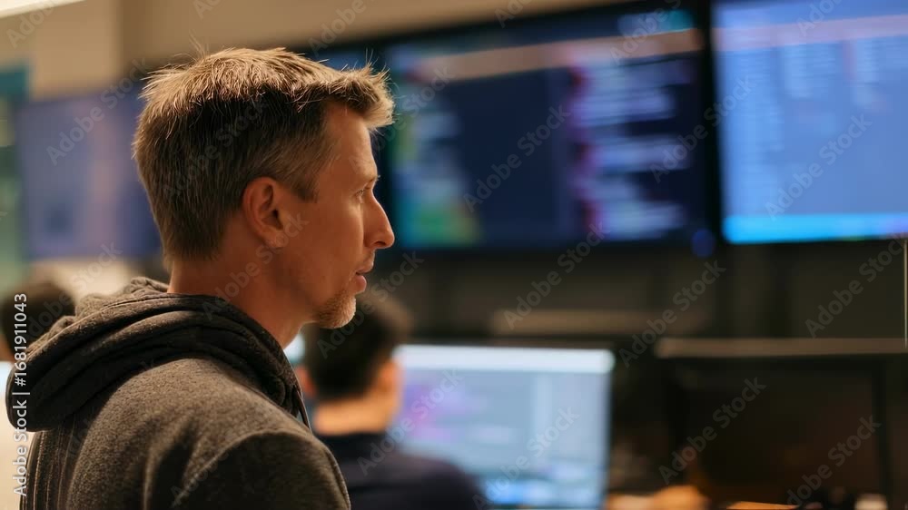 Poster medium shot of a software engineer presenting fhir datamapper progress at a standup clear focus on e