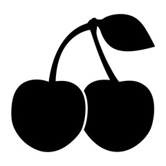 Pair of cherries on a stem with leaf, simple solid black design