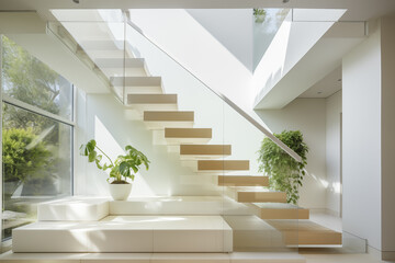 Fototapeta premium Minimalist Stairway with Floating Steps and Glass Railing – AI Generated