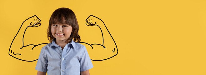 A joyful child stands proudly with arms flexed, exuding strength and positivity. The bright yellow...