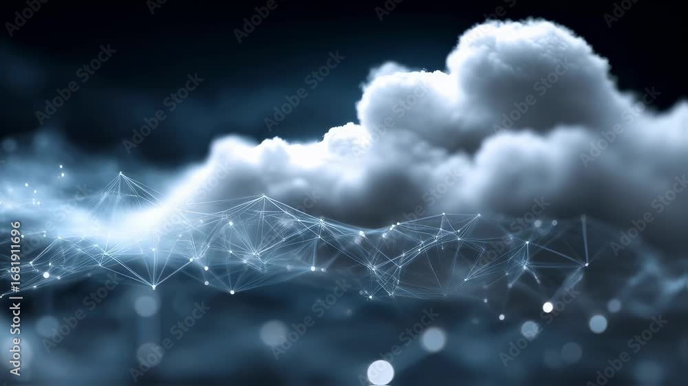 Poster crisp depiction of abstract cloud network connections illuminated against a softly blurred dark tech