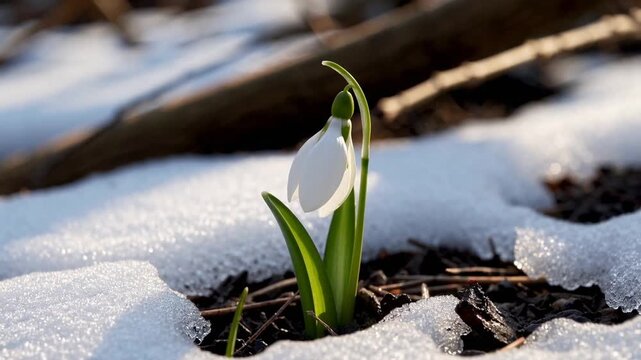 delicate snowdrop blossom emerging through the winter snow within woodland at the season's initial thaw