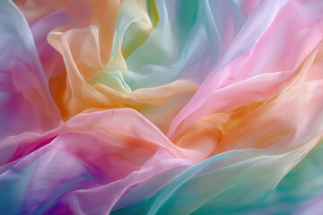 Fototapeta premium Telas translúcidas en tonos pastel como rosa, naranja, verde y azul, dispuestas en pliegues suaves, ideales para diseño textil, fotografía artística y contenido visual con estética etérea y delicada.