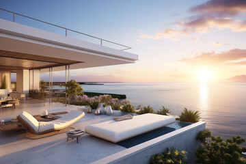 Fototapeta premium Modern Seaside Villa with Infinity Pool | Golden Hour Views & Coastal Luxury Living