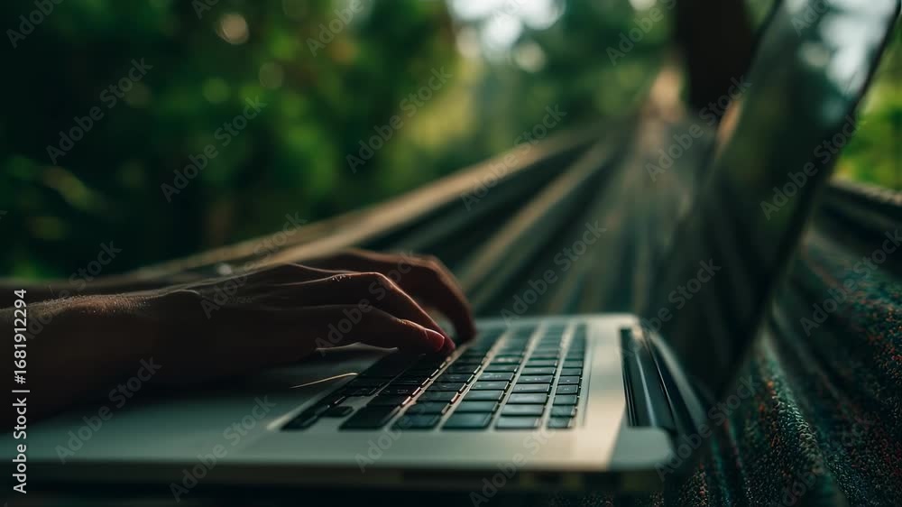 Poster digital nomad focused on a laptop keyboard in a hammock background softly blurred with greenery conv