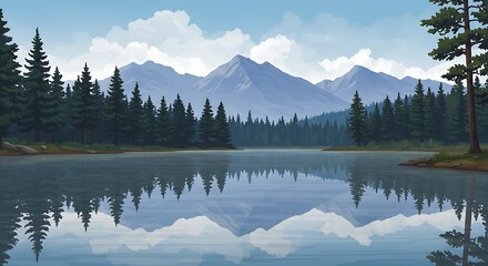 Serene mountain lake scenery with reflections mirroring the pine forest and sky creating a