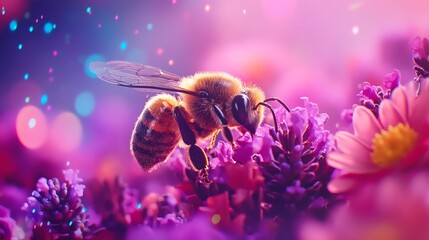 Naklejka premium A bee collecting nectar from vibrant purple flowers, creating a beautiful display of nature's elegance. The bee is in mid-flight, surrounded by lush petals. 