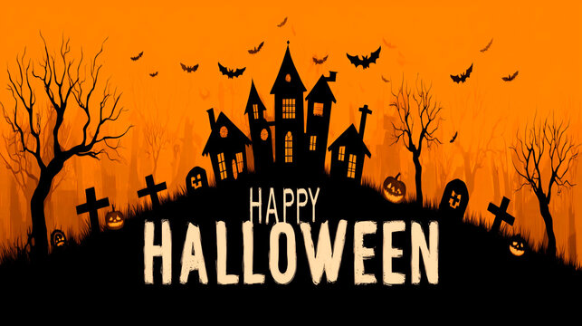 Ilustraci&oacute;n de castillo encantado con luna llena y mensaje de Halloween