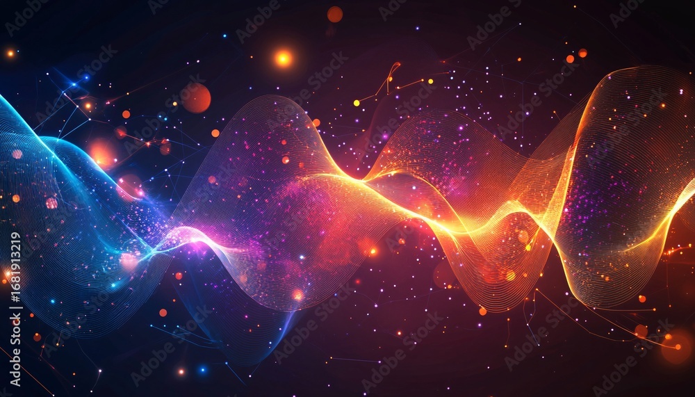 Poster the illustration shows a dynamic wave form with glowing particles and lines against a dark backgroun